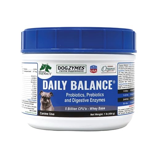 DOGZYMES Daily Balance Canine Supplement by Nature’s Farmacy – Probiotics + Prebiotics + Digestive Enzymes – 5 Billion CFUs – Whey Base – 1 lb (454 g)