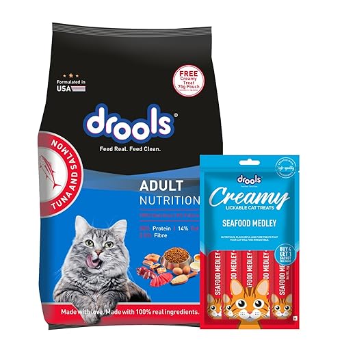 Drools Cat Adult Dry Cat Food 1kg with Free Cat Creamy Treat 75g | Tuna & Salmon Flavour | Hair Ball Protection | Taurine for Healthy Heart | Healthy Skin & Beautiful Coat