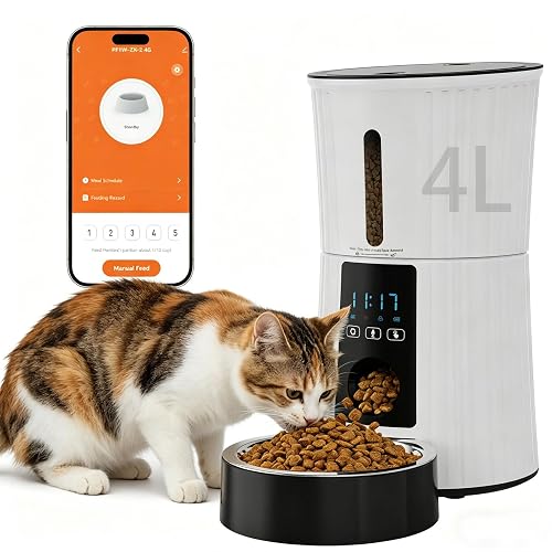 DUMOS Automatic Cat Feeder, 4L WiFi Timed Cat Food Dispenser with APP Control, 10s Voice Recorder, Dual Power Supply, Indoor Programmable Pet Feeder with Desiccant for Small Cats and Dogs, White