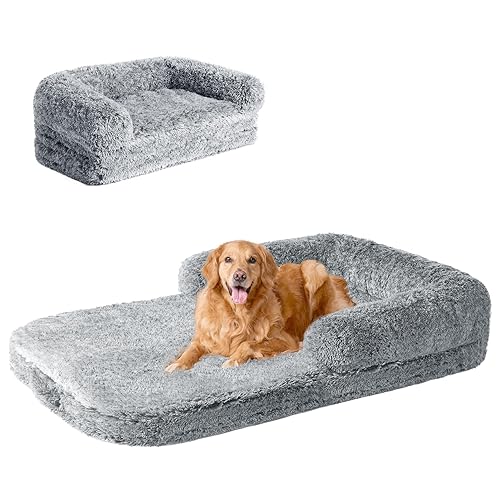 EHEYCIGA Foldable XXL Dog Bed for Large Sized Dog, 54"x38"x7.5" Faux Fur Fluffy Pet Couch Bed, Orthopedic Calming Memory Foam Big Pet Bed, Washable Pet Sofa Bed with Non-Slip Bottom, Grey