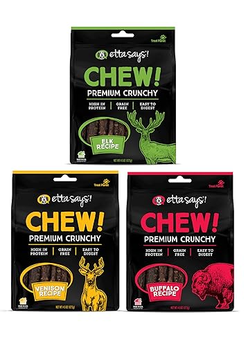 etta says! Premium Crunchy Dog Chews Variety Pack – All Natural Dog Treats Made in USA – Elk, Venison & Buffalo – Protein-Rich Chews for Teeth, Digestive Support & Training – 3 Pack