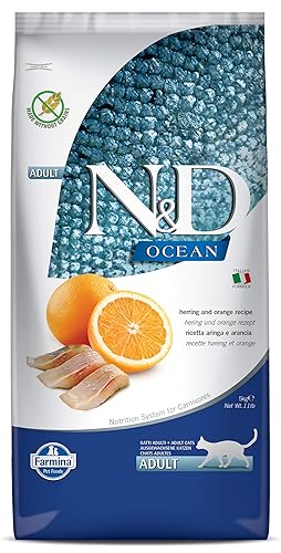 Farmina N&D Ocean Herring & Orange Cat Food | Premium Dry Food | Rich Source of Omega Fatty acids, Low Glycemic | Complete & Balanced Nutrition | for Adult Cats | 5kg