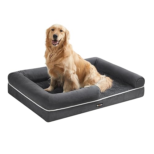 Feandrea Dog Bed, Orthopedic Large Waterproof Bed, Removable Washable Cover Dog Sofa with Non-Slip Bottom, Raised Edges, 42 x 32 x 8 Inches, Dark Gray UPGW077G01V1