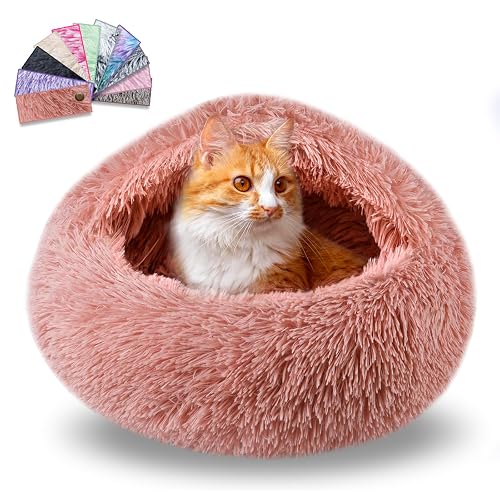 FORMYCATIE Cat Beds for Indoor Cats,Cat Cave for Puppy and Kitty,Calming Small Dog Bed for Small Dogs with Cover Cave,Cozy Warming Fluffy Washable Anti-Slip Pet Sleeping Bag(20 * 20inch,Leather Pink)