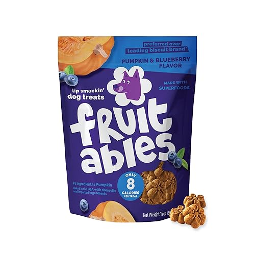 Fruitables Baked Dog Treats, Healthy Pumpkin Treat for Dogs, Low Calorie & Delicious, No Wheat, Corn or Soy, Made in the USA, Pumpkin and Blueberry Flavor, 12oz