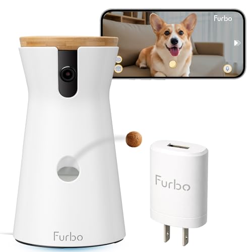 Furbo 360° Dog Camera + Power Adapter: Pet Cam w/Barking Alerts, Rotating View, Treat Toss w/Phone App, Puppy Monitoring, 2-Way Speaker, No Subscription Needed. Standard See, Talk, & Toss Features