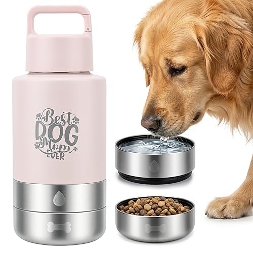 FUYEC 32oz Insulated Dog Water Bottle Dispenser, 3-in-1 Stainless Steel Travel Cup with 2 Detachable Food and Water Bowls, Leak Proof Large Pet Gear, Dog Mom Gift for Dog Lovers