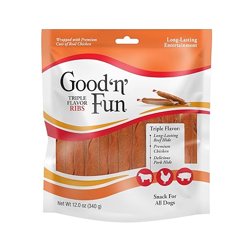 Good ‘n’ Fun Triple Flavor Ribs Chews for All Dogs, Treat Your Dog to Long-Lasting Chews Made with Beef Hide, Chicken and Pork Hide, 12 oz