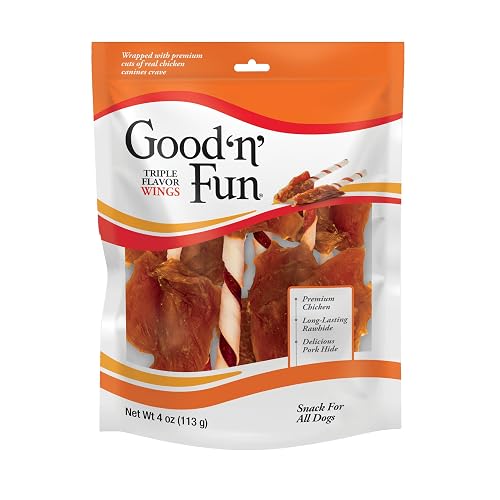 Good ‘n’ Fun Triple Flavor Wings Chews for All Dogs, 4 Ounces, Treat Your Dog to Long-Lasting Chews Made with Chicken, Beef Hide and Pork Hide