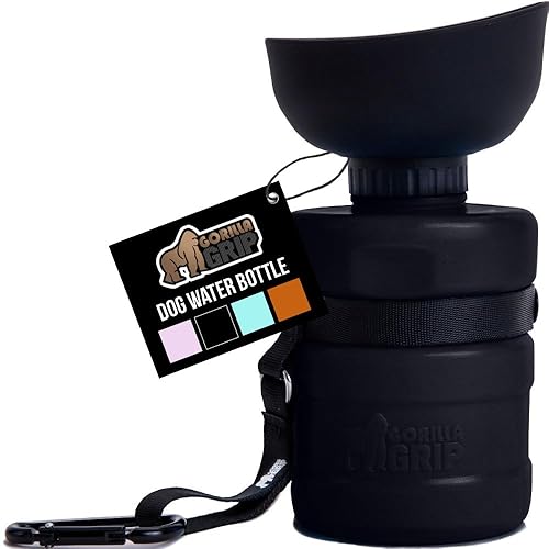 GORILLA GRIP Dog Water Bottle, Portable Water Bowl Dispenser for Dogs, 20 oz Leak Proof Pet Travel Squeeze Bottles Food Grade Silicone, Pet Stocking to Go Puppy Essentials, Black