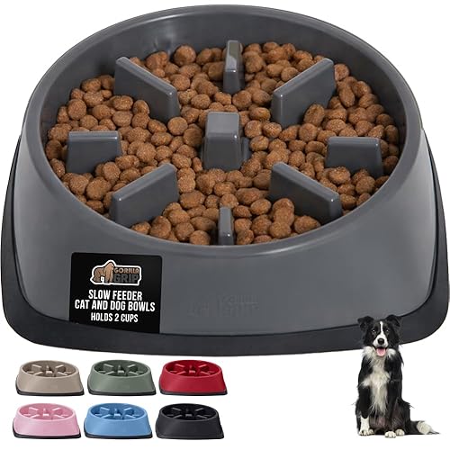 GORILLA GRIPยฎ Patented BPA Free Slow Feeder Dog Bowls, Interactive Puzzle Toy for Dogs and Cats Food Training Enrichment, Keeps Pets Busy and Prevents Puppy Overeating, All Breeds, 2 Cup, Gray