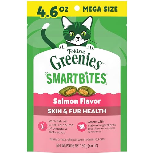Greenies Cat Treats, Feline Smartbites, Skin & Fur Health, Crunchy and Soft Cat Treats, Salmon Flavor, 4.6 oz. Pack