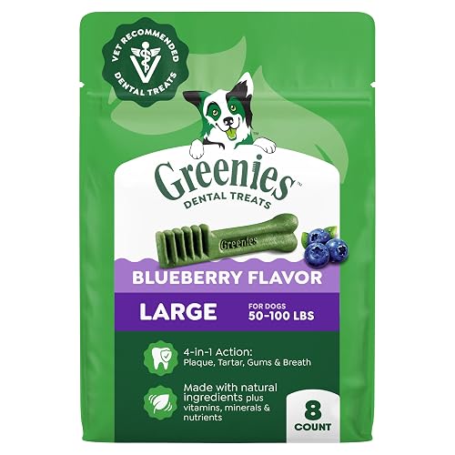 Greenies Dog Treats, Veterinarian-Recommended Natural Dental Dog Treats, Large Size, Blueberry Flavor, 12 oz. Pack, 8 Count