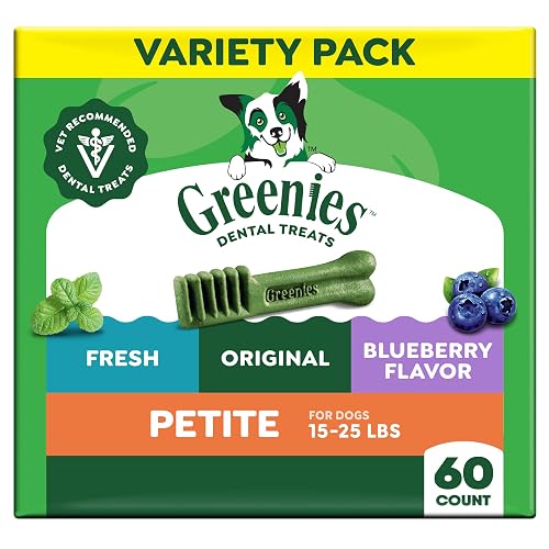 Greenies Veterinarian-Recommended Adult Natural Dental Dog Treats Petite Size, Variety Pack Flavor, (3) 12 oz. Packs, 60 Count