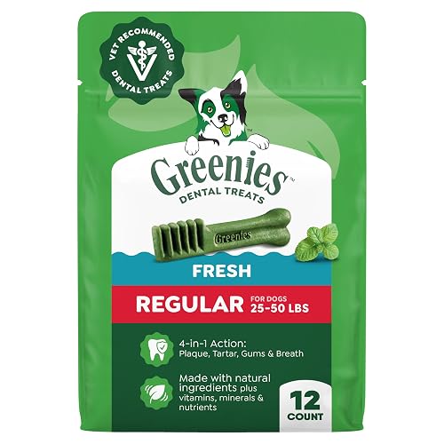 Greenies Veterinarian-Recommended Natural Dental Dog Treats, Dental Chews for Dogs, Regular Size, Fresh Flavor, 12 oz. Pack, 12 Count