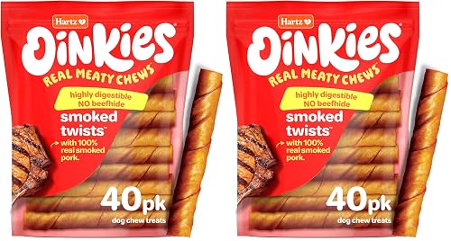 Hartz Oinkies Smoked Twists with Naturally Smoked Pork Rawhide-Free Dog Treats,Highly Digestible Long Lasting Dog Chews,(Pack of 80)