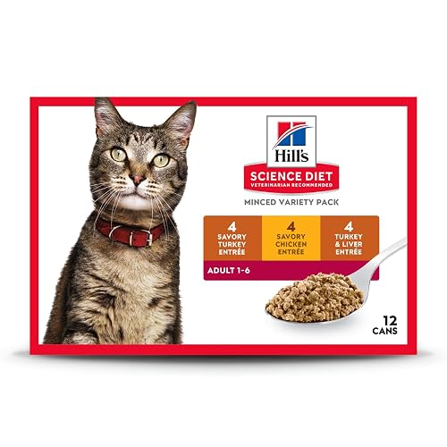 Hill's Science Diet Adult 1-6 Wet Cat Food Variety Pack, Savory Entrée Turkey & Liver, Chicken, and Turkey, 5.5 oz. Cans, 12-Pack