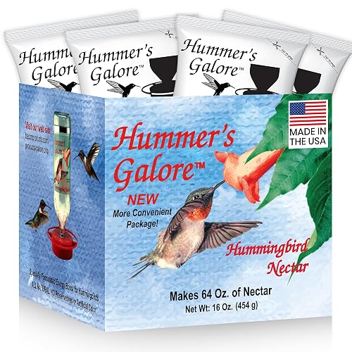 Hummer's Galore Made in USA Hummingbird Food - Ready-to-Mix Hummingbird Nectar, All-Natural Nectar Collector Formula, No Preservatives or Dyes, Makes 64 Ounces (4 Packets Included)