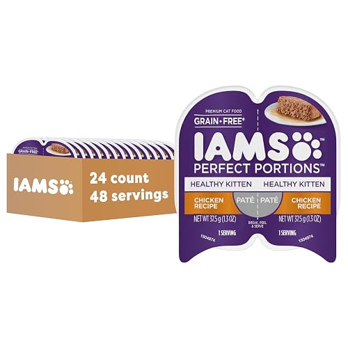 IAMS Perfect Portions Healthy Kitten Grain Free Wet Cat Food, Wet Cat Food Pate Recipe, Chicken Recipe, 2.6 oz. (24 Twin Packs)