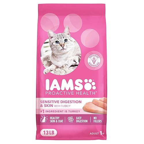 IAMS Proactive Health Sensitive Digestion & Skin Dry Cat Food, Adult Cat Food Dry Recipe with Real Turkey, 13 lb. Bag