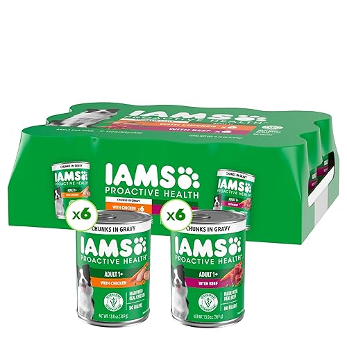IAMS Proactive Health Wet Dog Food Adult, Canned Dog Food, Chicken Chunks in Gravy and Beef Chunks in Gravy, 13 oz. Cans, Pack of 12