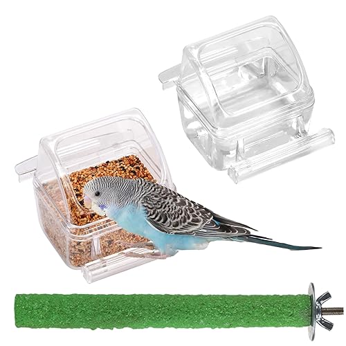 IBWell 2 Pack Clear Water Bowl and Food Container - Bird Cage Feeder With Perch for Parakeets - No Mess Design