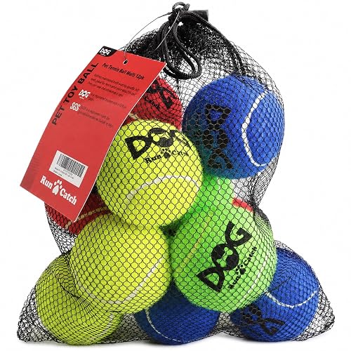 INSUM Tennis Balls for Dogs - 12 Pack 2.5'' Durable Non-Toxic Outdoor Dog Toys Balls with Mesh Bag, SGS Certified, Colorful Fetch Toys, Medium Large Breeds (Non Squeaky)