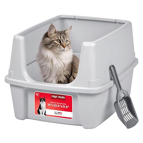 IRIS USA Large Cat Litter Box Open Top High Sided Walls Scatter Shield Scoop Included Easy Clean Plastic Pan Stain Resistant for Big Cats Kittens Indoor Multi-Cat Households