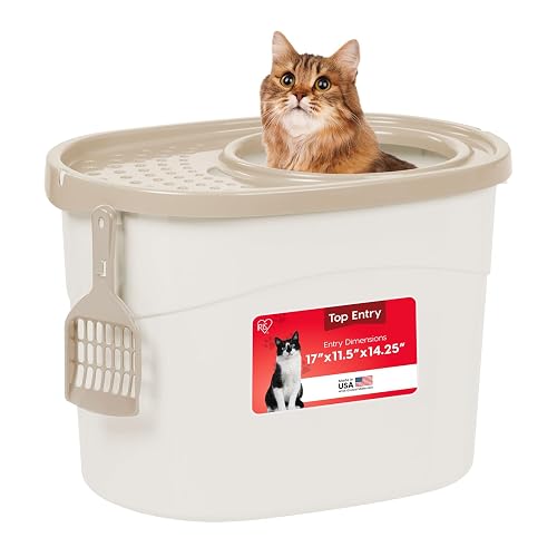 IRIS USA Large Top Entry Cat Litter Box with Lid, Enclosed Covered Cat Litter Box for Indoor Cats, Dog Proof Design, Odor Control, Litter Tracking Reduction, Scoop Included, White/Beige