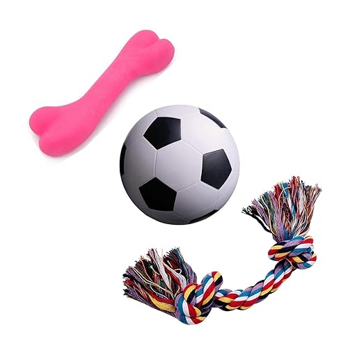 JAINSONS PET PRODUCTS Dog Chew Toy Combo Pack of 3 โ Rubber Bone 4.5 inch, Cotton Rope 25 cm, Football 2.56 inch for Puppies and Small Dogs