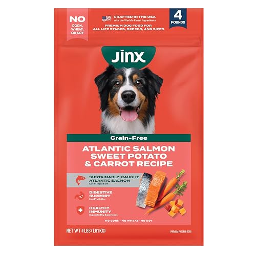 Jinx Premium Grain-Free Dry Dog Food, for All Lifestages - Real Salmon, Sweet Potato & Carrot Puppy Kibble with Superfoods for Immune Support & Probiotics for Digestive Support - No Fillers - 4lb