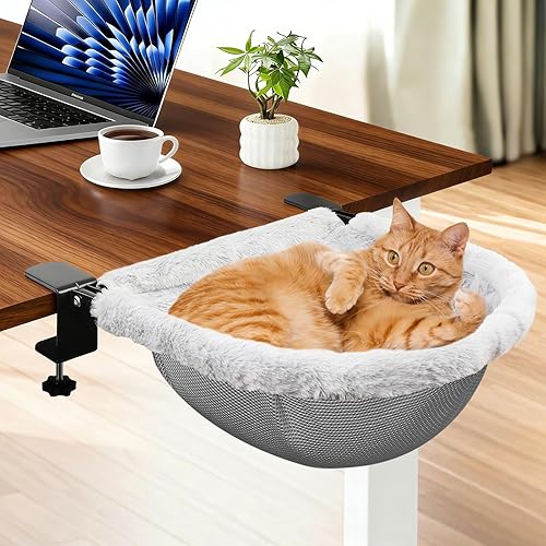JinxZap X-Large Cat Desk Bed | 19"x15" Spacious Retreat, Dual Clamps & Sunken Hammock Design, Comfy Cat Desk Hammock with Faux Rabbit Fur Cover, Removable & Washable, Holds Up to 40lbs