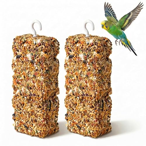 JOUSONTY 2 PCS Natural Bird Grain Treat Sticks, Blend Foraging Toys for Stress Relief, Metal Hook, for Budgies, Cockatiels, Lovebirds, Conures, Parakeets, Small to Medium Birds