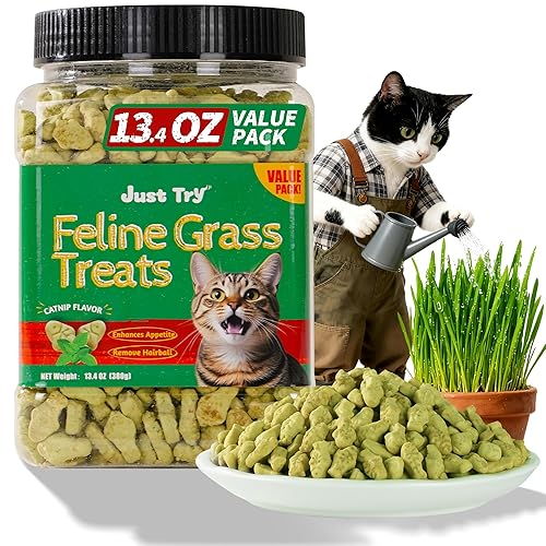 Just Try Cat Treats for Indoor Cats Hairball Control Natural Salmon Healthy Cat Grass Treats Kitten Snacks Training Biscuits Catnip for Cats Dental Care 13.4 OZ