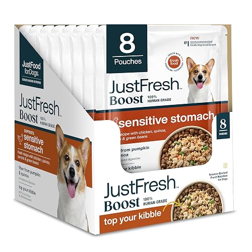 JustFoodForDogs JustFresh Boost Sensitive Stomach Dog Food Toppers with Fiber for Gut Support & Digestive Health, Human-Grade Fresh Pet Meal Booster, 8 oz Pouches - 8 Pack