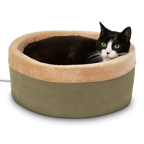 K&H Pet Products Heated Cat Bed for Indoor Cats, Dogs, and Pets - Round Walled Thermo-Kitty Bed with Removable Waterproof Cat Heating Pad, Machine Washable, MET Safety Listed - Small 16" Sage