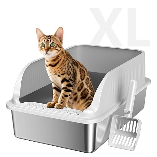 KISENG Stainless Steel Cat Litter Box with Lid, XL Extra Large High Sided Litter Box for Big Cats, Odor Free Open Top Litter Pan Easy Cleaning Anti-Urine Leakage Non-Stick, Includes Scoop, Light Grey