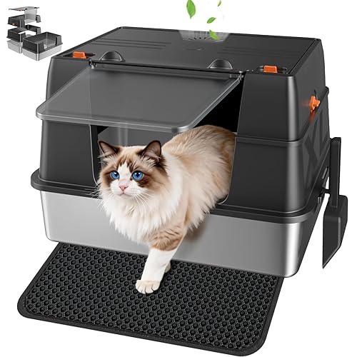 KISENG Stainless Steel Litter Box with Lid, High Sided Enclosed Metal Litter Box for Big Cats, Easy Cleaning Anti-Urine Leakage, Non-Sticky Cat Box, Front Entry Top Exit KittyBox, Includes Mat & Scoop