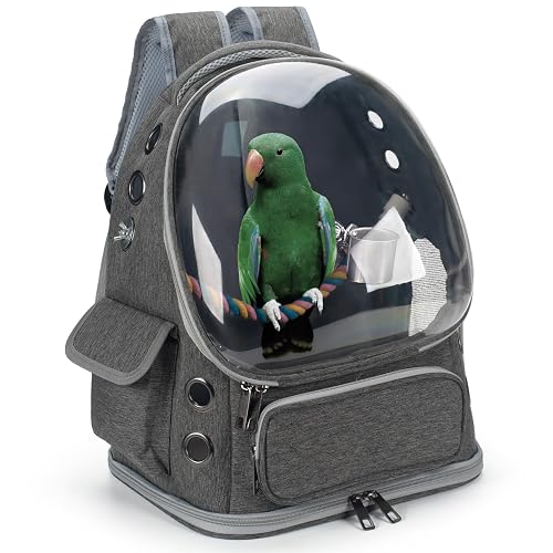 Kreachur Bird Backpack Carrier Travel Cage with Perch, Tray and Breathable Clear Window, Bird Travel Cage for Cockatiel Caique Conure Quaker, for Vetting Camping Hiking (Grey)