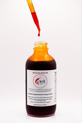 kril™ Antarctic Krill Oil Health Supplement for Dogs & Cats 4oz Liquid with QRILLPet ASTA Omega Plus, High Absorption Formula for Dogs and Cats, Joint Brain Skin Support with Omega-3, Astaxanthin