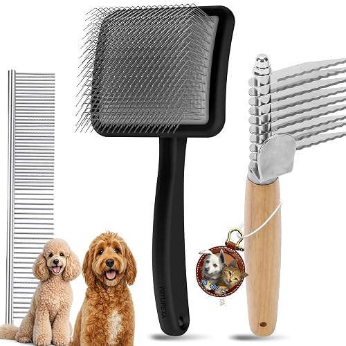 Large Slicker Brush for Dogs - Long Pin Deshedding Brush for Mats & Shedding on Long Haired Dogs, Doodles, Poodles, Goldendoodle, Labradoodle, 3pc Grooming Kits with Wooden Handle, Black
