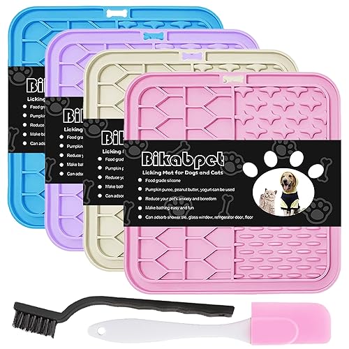 Lick Mat for Dogs and Cats๏ผCat Licking Pad with Suction Cups for Dog Anxiety Relief๏ผDog Peanut Butter Lick Pads for Dogs Perfect for Bathing Grooming,Slow Feeders for Dogs and Cats,4Pack