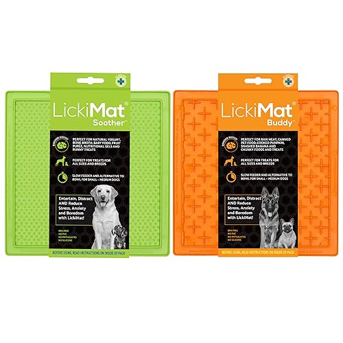 LickiMat 8"X8" Pack of 2 Slow Feeder for Dogs Boredom & Anxiety Reducer for Food Treats Yogurt Peanut Butter Fun Alternative to a Slow Feed Dog Bowl Classic Dog Buddy & Soother (Green & Orange)