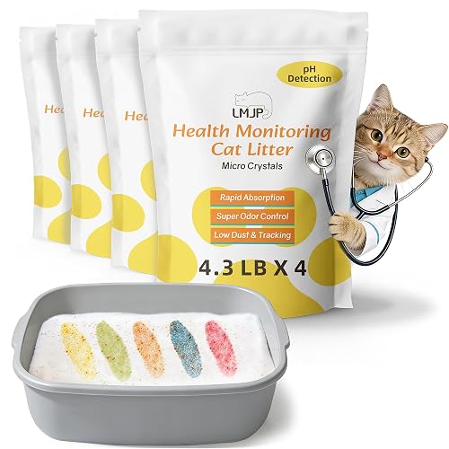 LMJP Health Monitoring Cat Litter — Super Odor Control, Color Changing for Early UTI Detection| 17.2lb, Non Clumping, Low Dust & Tracking, Micro Silica Crystals, Unscented — 3 Month Supply (4 x 4.3lb)