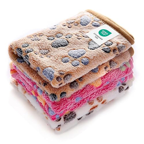 Luciphia 1 Pack 3 Blankets Super Soft Fluffy Premium Fleece Pet Blanket Flannel Throw for Dog Puppy Cat Paw Brown/Pink/White Small(23x16 inch)