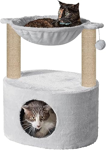 Mellifluous Condo Activity Kitten Cat Tree - Plush Fur Fabric | Basket Lounger | Jute Rope | Scratching Post | Hanging Ball (Grey) (Height 26 Inch)