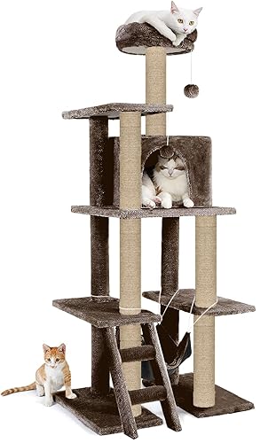 Mellifluous Stairs Fur Fabric Multistory Kitten Cat Tree - Condo | Hammock | Top Perch | Furry Balls | Scratching Posts (FURR-57) (Brown) (Height 60 Inch)