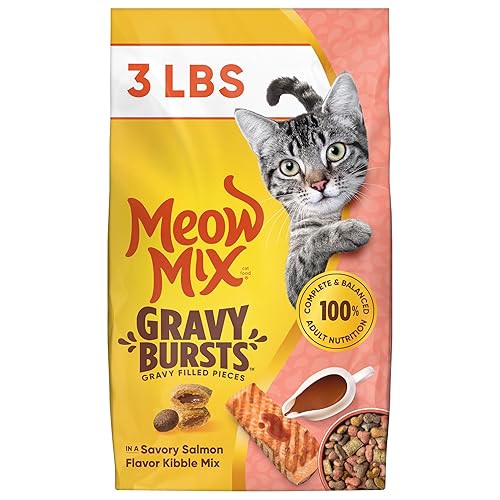 Meow Mix Gravy Bursts, Savory Salmon Flavor Kibble Mix, Gravy Filled Dry Cat Food, 3 lb. Bag
