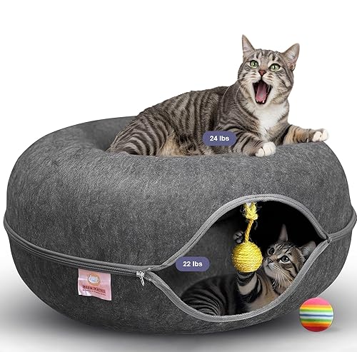 MeowMates Peekaboo Cat Cave Donut Bed for Multiple Cats Upto 45lbs, 3-in-1 Large Cat Tunnel & Donut Bed Combo w Round Tunnel Scratcher for Indoor Cats, Hanging Toy, Washable & Detachable - Dark Grey