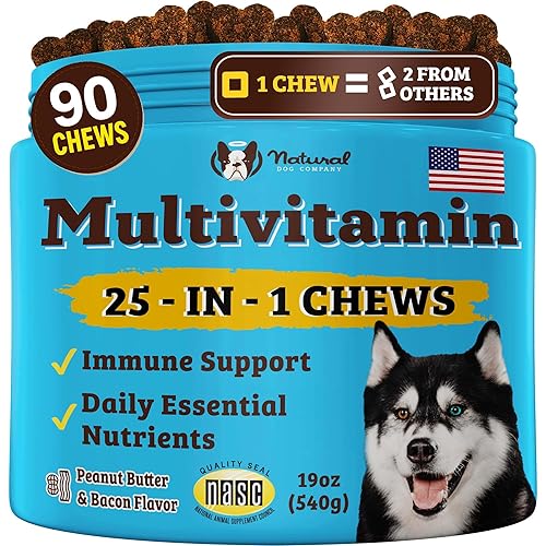 Natural Dog Company 25-in-1 Multivitamin for Dogs – Vet-Formulated Soft Chews for Puppies, Adults & Seniors, Supports Joints, Skin, Coat, Immune & Heart Health, NASC Certified, 90 Count